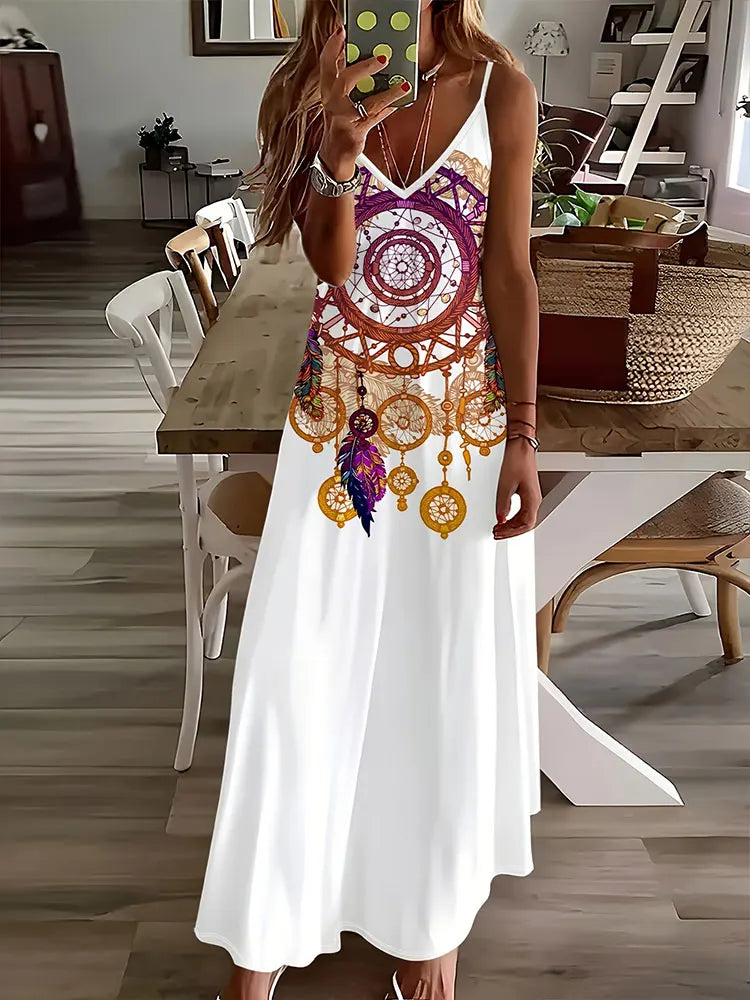 LP | 2024 Nuovo Vintage Stampa Etnica Signore Vestito Elegante Estate Signore Vestito Casual Senza Maniche Strada Moda Signore Vestito Lungo