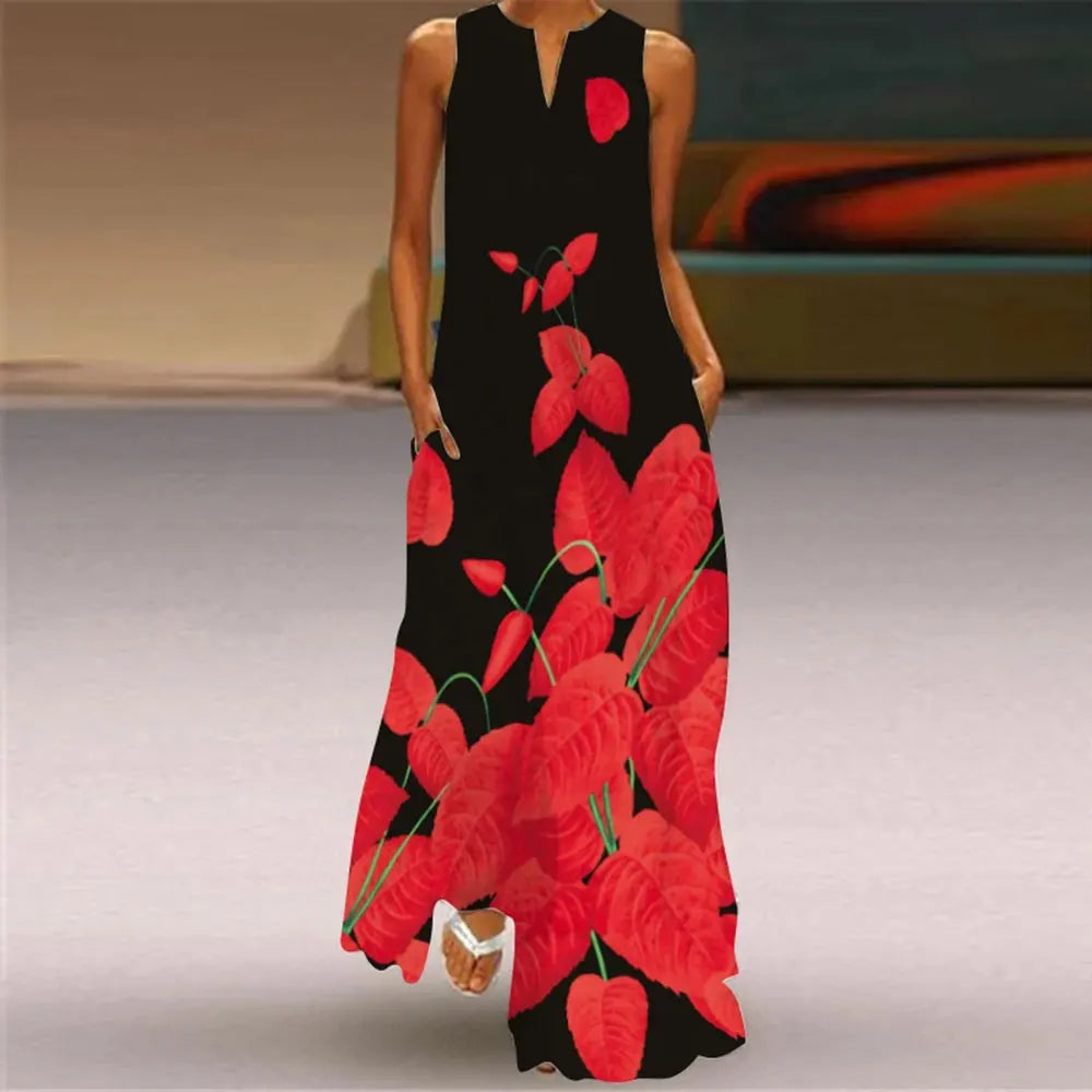 LP | Vestito da donna allentato Moda estiva Abito da tasca con scollo a V Vestito da donna elegante senza maniche da sera Abito casual da vacanza alle Hawaii