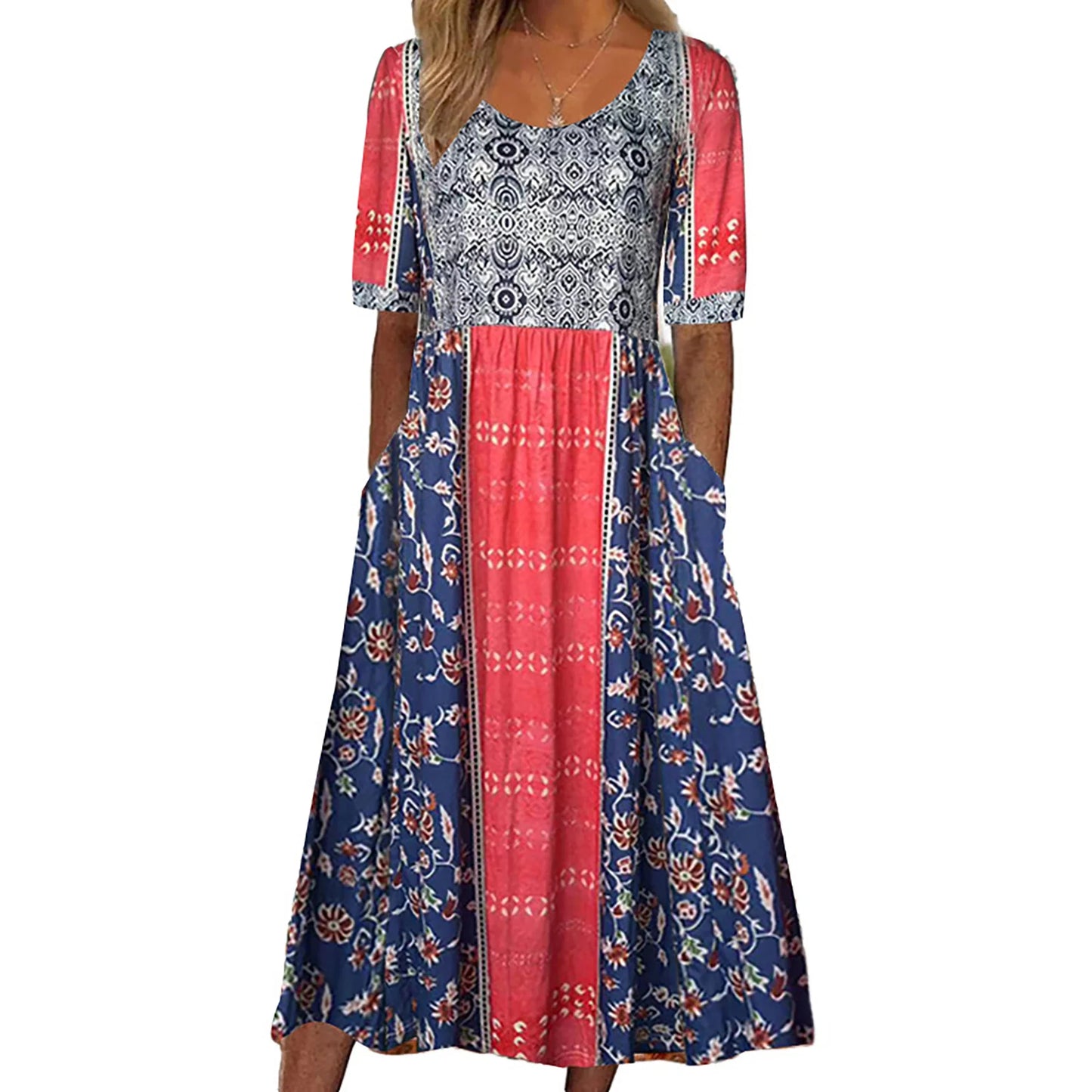 LP | 2025 estate nuove donne bohemia sciolto moda stampa collo rotondo manica corta abito lungo
