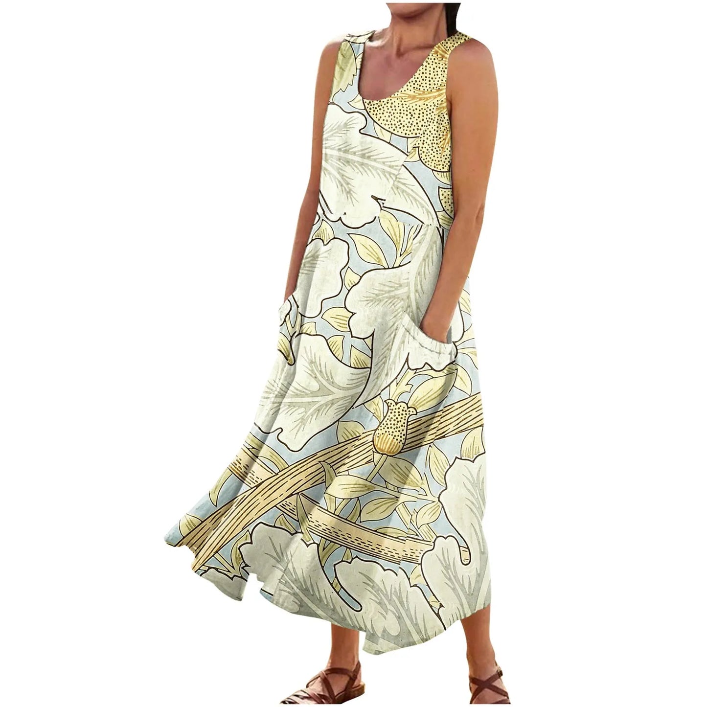 LP | Vestito floreale estivo Donne Vintage senza maniche floreale Stampato Lungo Vestito Cotone Lino Sundress Baggy Spiaggia Vestido Sarafans