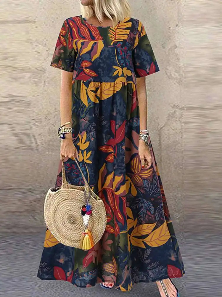 LP | ZANZEA 2023 Vintage Printed Dress Donna Summer Sundress Casual Short Sleeve Maxi Vestidos Female O Neck Floral Robe Femme