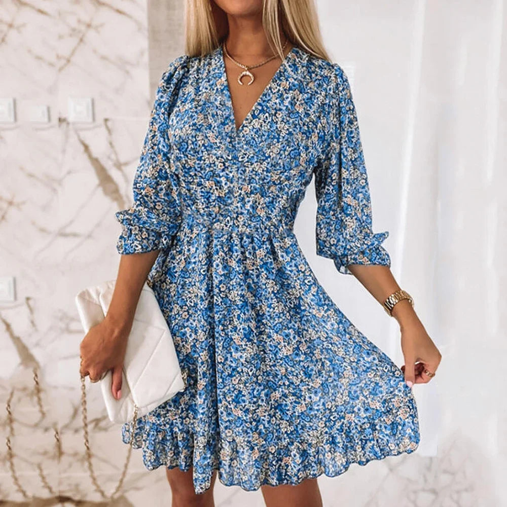LP | Vestito con stampa floreale Donne con scollo a V e manica corta A Line Vestito elegante Signora Maglione Estate Abiti da festa corti Bohemien