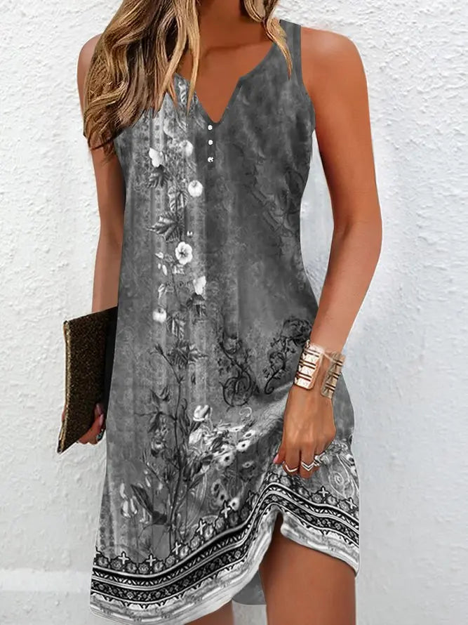 LP | Abiti da donna Estate Moda Cuciture Scollo a V Allentato Bohemien Vacanza Donna Basic Vestidos Senza Maniche