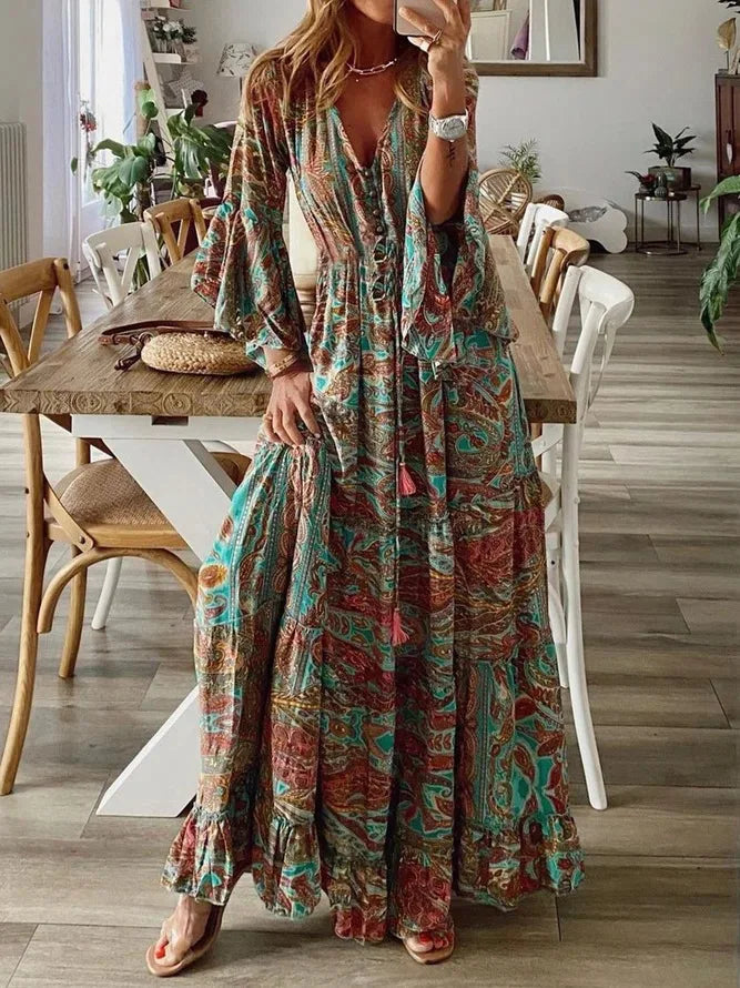 LP | 2023Bordo incrociato stile bohémien maniche svasate stampate scollo a V vita alta abito per le vacanze con abito floreale da donna