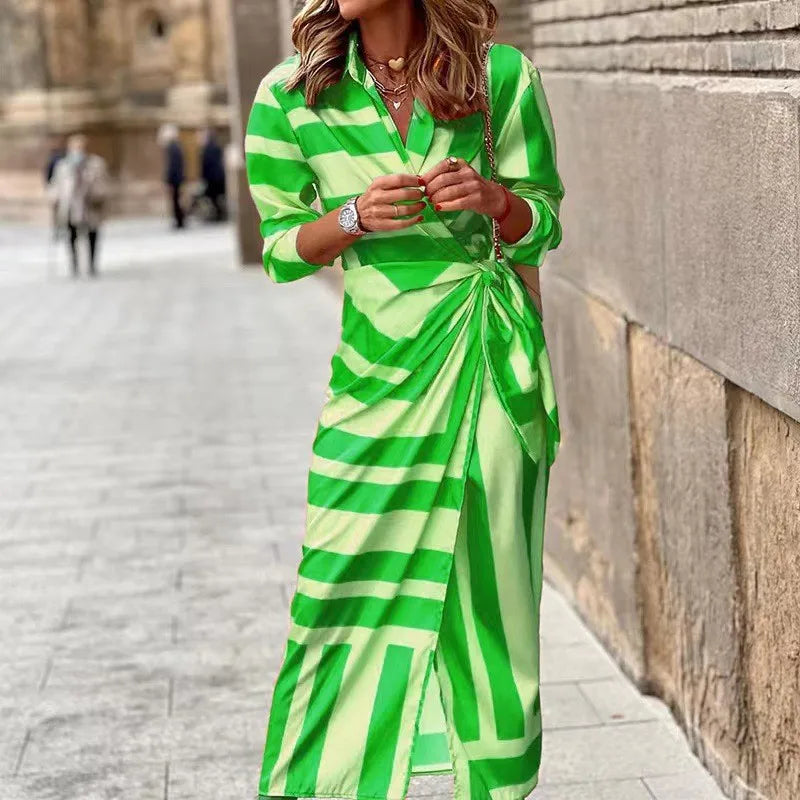 LP | 2024 AliExpress Europeo e americano transfrontaliero nuova moda stampata camicia collare pizzo fino midi abito a righe