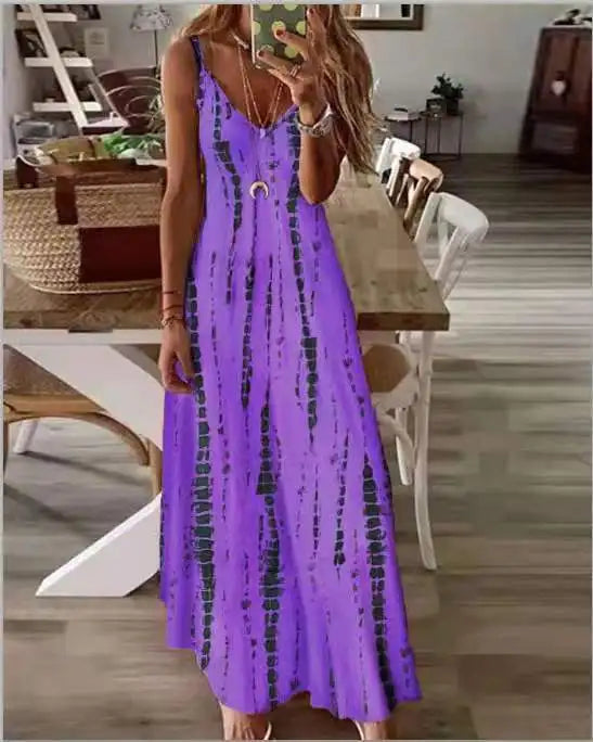 LP | Abiti Maxi Spaghetti Strap Stampati Casual per Donne Scollo a V Backless A-Line Abito Lungo Moda Stile Bohemien Spiaggia Vestidos