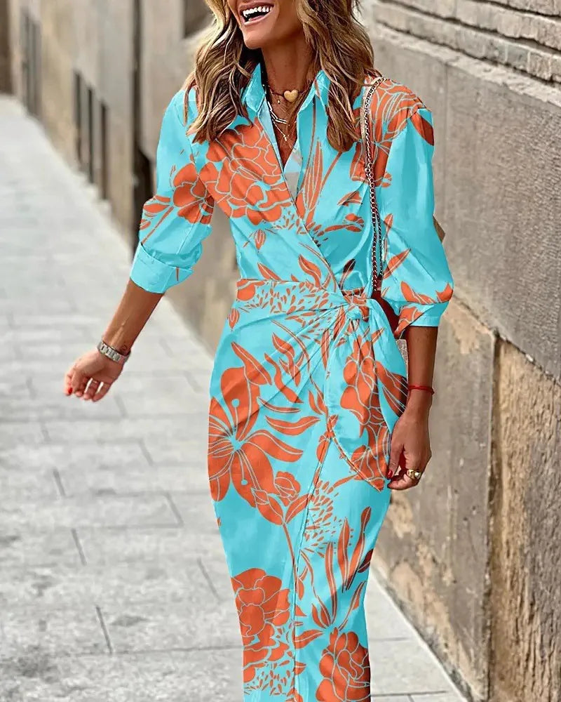 LP | 2024 AliExpress Europeo e americano transfrontaliero nuova moda stampata camicia collare pizzo fino midi abito a righe