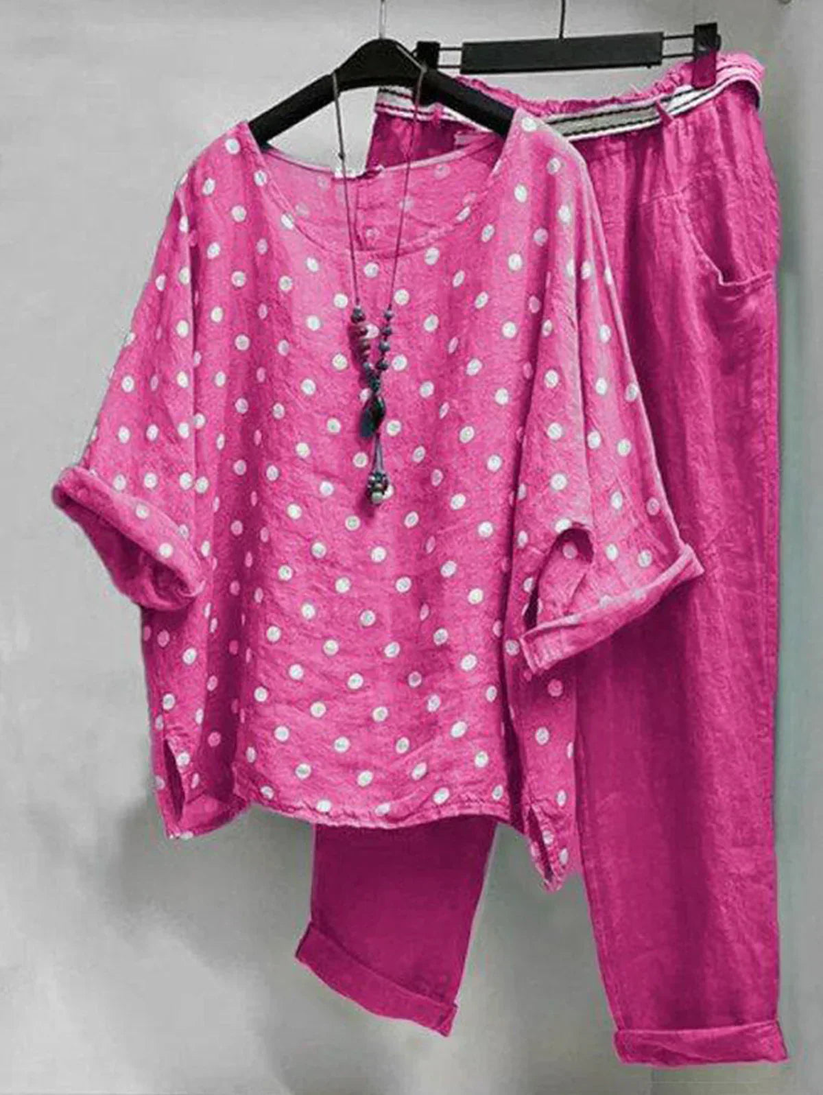 LP | Camicetta casual con scollo rotondo a pois e pantaloni con tasche in confezione da 2