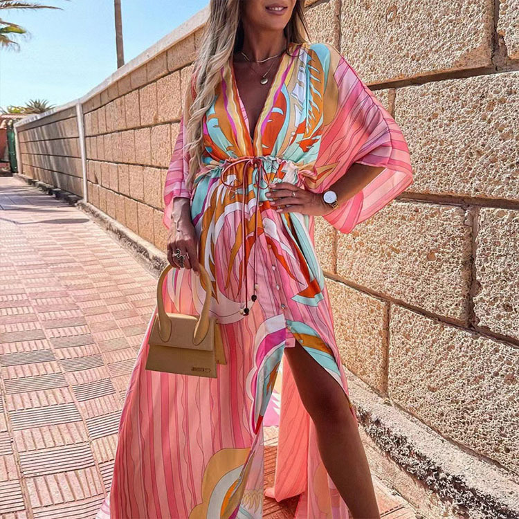 LP | Abito da spiaggia boho con scollo a cuore, maniche a pipistrello, taglio lungo e stampa