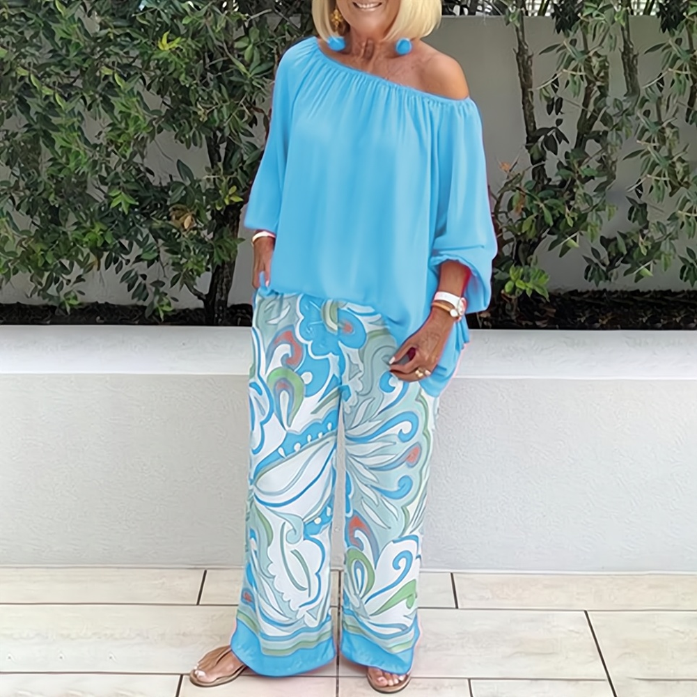 LP | Camicetta e pantaloni off-shoulder da donna con stampa elegante