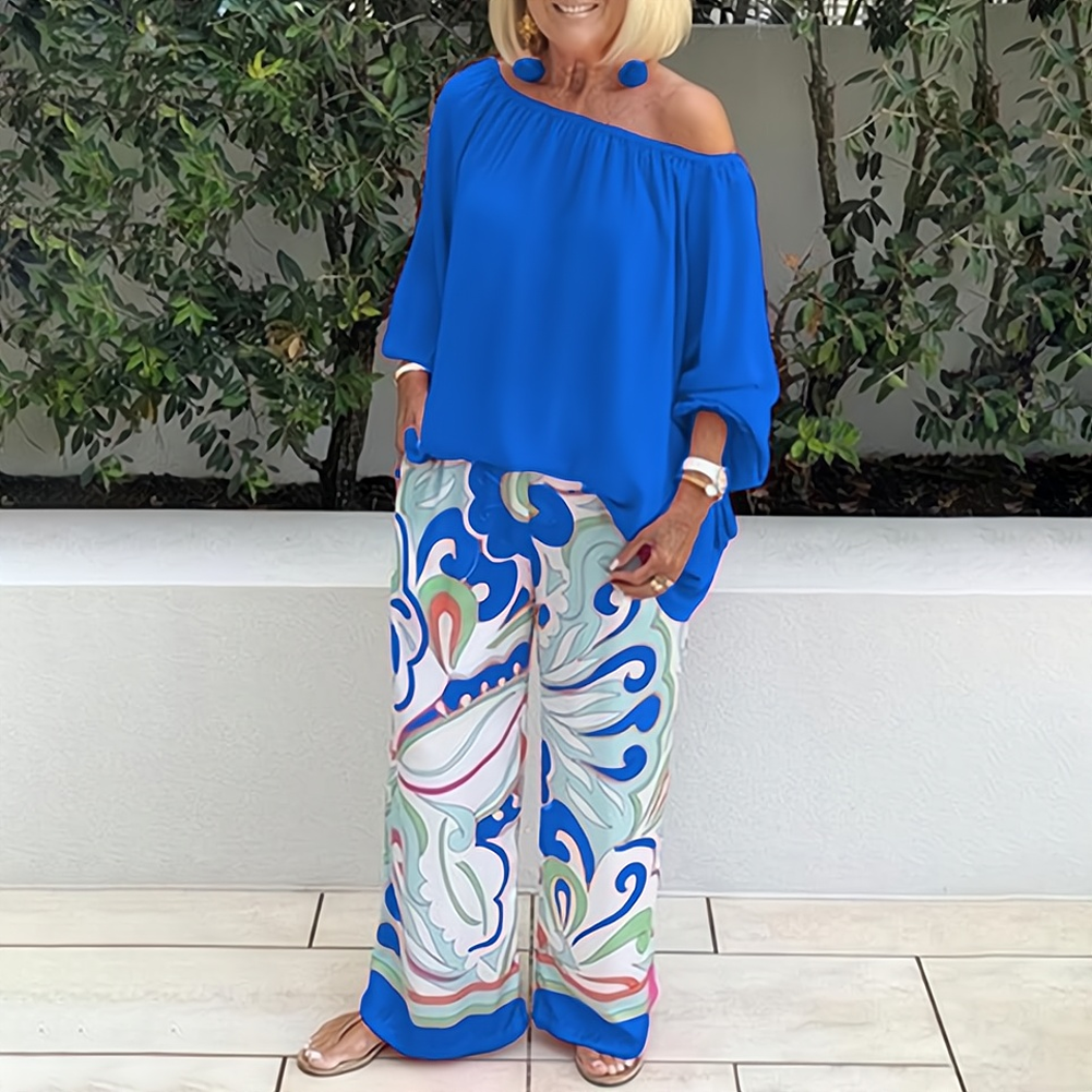 LP | Camicetta e pantaloni off-shoulder da donna con stampa elegante
