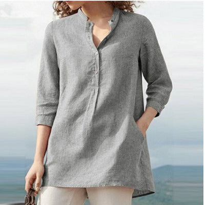 LP | Camicia a tinta unita con maniche a tre quarti e collo alto in cotone e lino