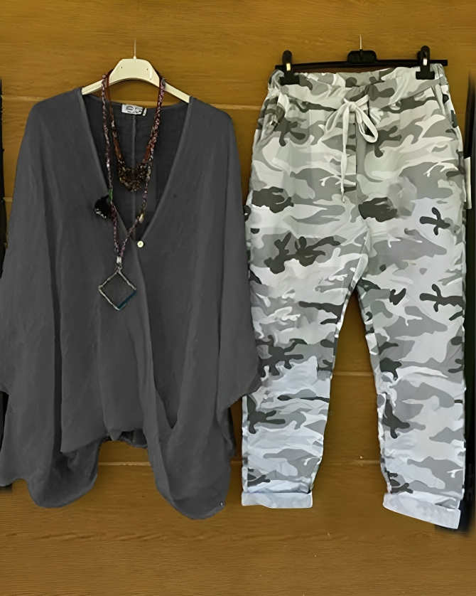 LP | Camicetta e pantaloni casual alla moda con stampa mimetica per le donne