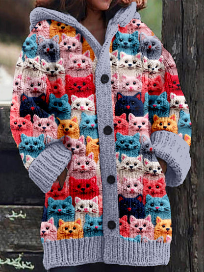 LP | Cappotto in maglia con abbottonatura e stampa di un gatto giocoso