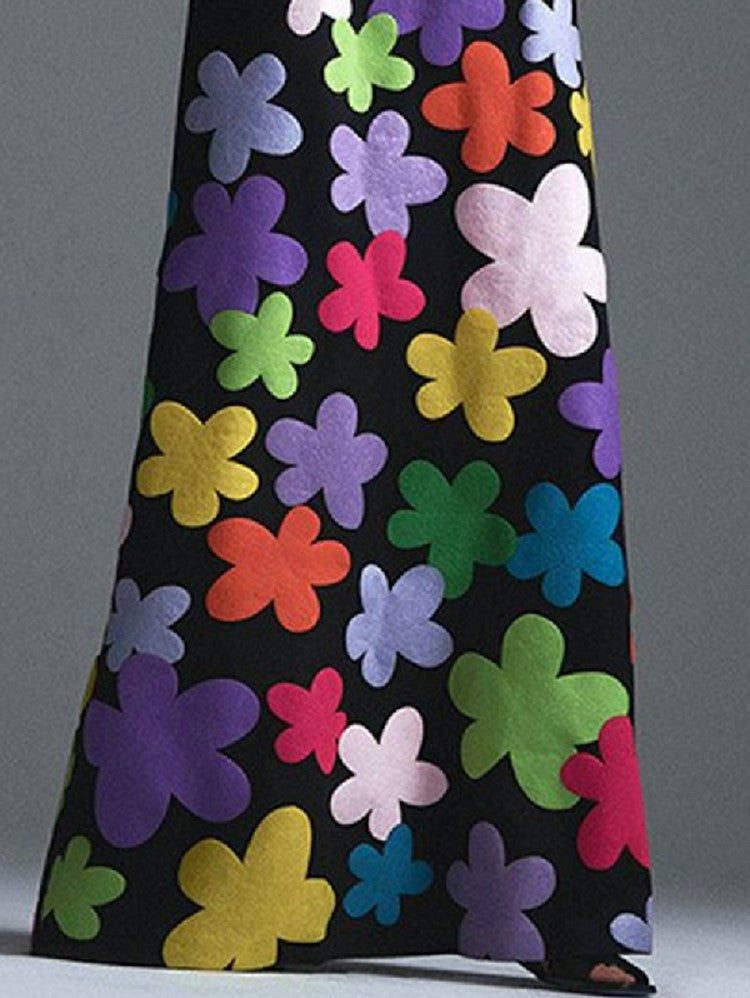 LP | Maxi abito nero con stampa floreale e scollo rotondo