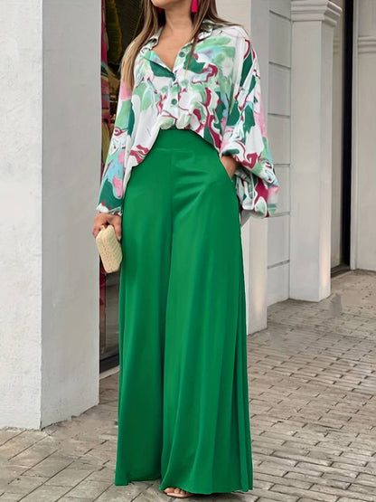 LP | Camicetta elegante stampata e pantaloni larghi da donna in un set a due pezzi