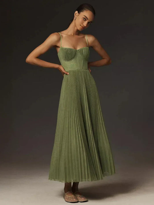 LP | Abito midi svasato con bustier in tulle plissettato
