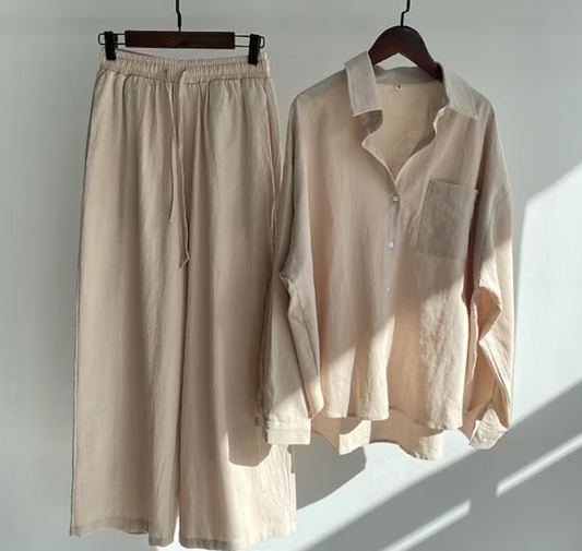LP | Camicetta da donna casual ed elegante a maniche lunghe con bottoni e pantaloni larghi