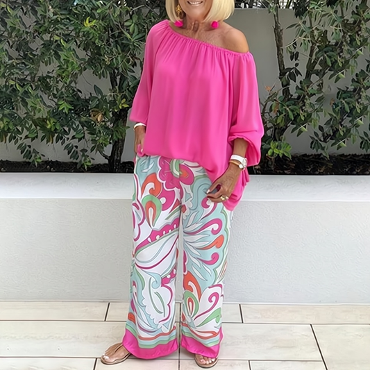 LP | Camicetta e pantaloni off-shoulder da donna con stampa elegante
