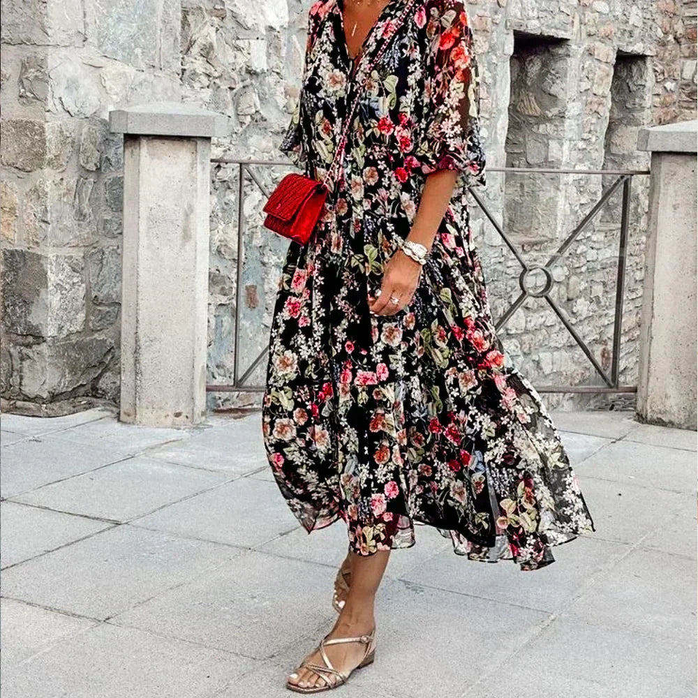 LP | Maxi abito con scollo a V e motivo floreale