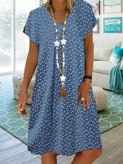 LP | 2023 Vestito estivo da donna Elegante Bohemien allentato con scollo a V e manica corta con cuore stampato Abiti da donna Abbigliamento da spiaggia Sundress