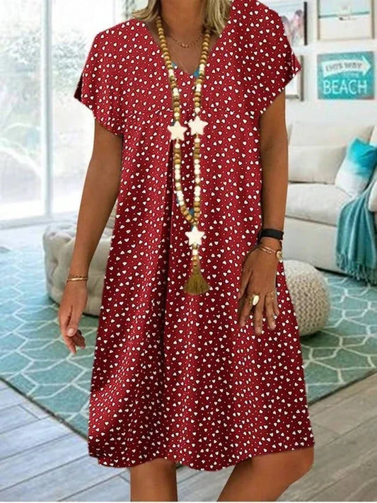 LP | 2023 Vestito estivo da donna Elegante Bohemien allentato con scollo a V e manica corta con cuore stampato Abiti da donna Abbigliamento da spiaggia Sundress