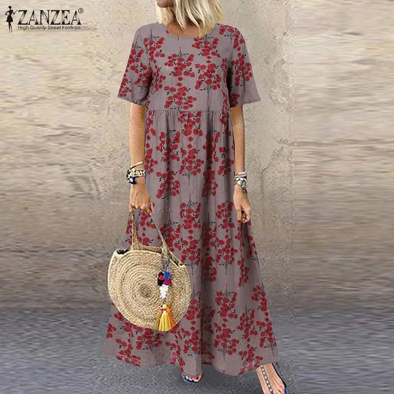 LP | 2024 ZANZEA Donne Bohemian Manica corta Stampato floreale Sundress O Collo Vacanze Kaftan Vestido Baggy Vestito Estate Abiti lunghi