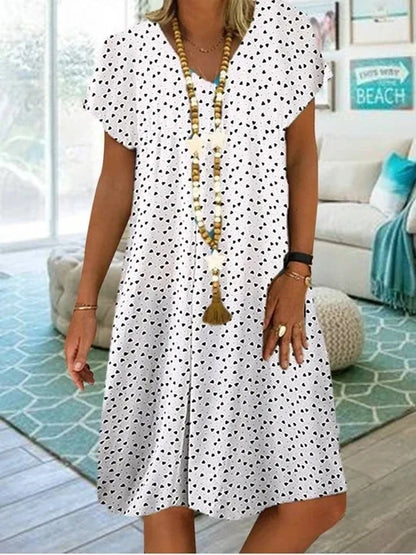 LP | 2023 Vestito estivo da donna Elegante Bohemien allentato con scollo a V e manica corta con cuore stampato Abiti da donna Abbigliamento da spiaggia Sundress