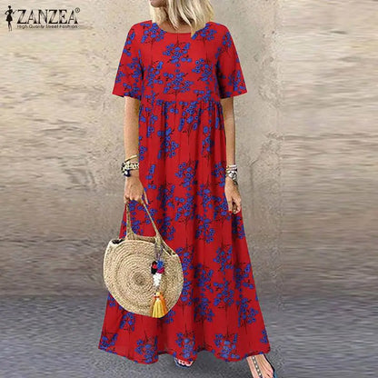 LP | 2024 ZANZEA Donne Bohemian Manica corta Stampato floreale Sundress O Collo Vacanze Kaftan Vestido Baggy Vestito Estate Abiti lunghi