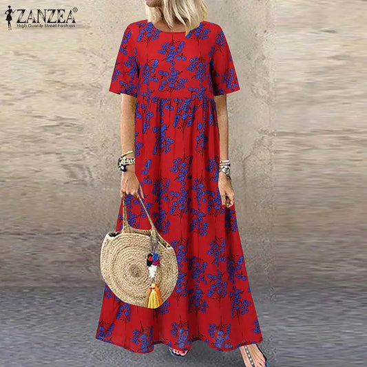 LP | 2024 ZANZEA Donne Bohemian Manica corta Stampato floreale Sundress O Collo Vacanze Kaftan Vestido Baggy Vestito Estate Abiti lunghi