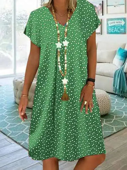 LP | 2023 Vestito estivo da donna Elegante Bohemien allentato con scollo a V e manica corta con cuore stampato Abiti da donna Abbigliamento da spiaggia Sundress