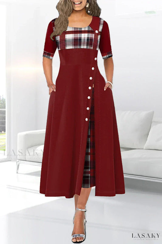 LP | Abito patchwork color bordeaux con taglio in vita