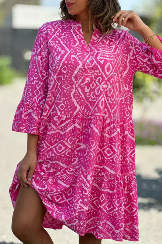 LP | Abito casual con stampa geometrica e bottoni, scollo a V, gonna a crostata