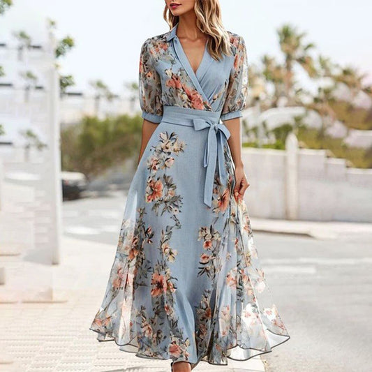 LP | Abito midi blu con maniche corte e scollo a punta