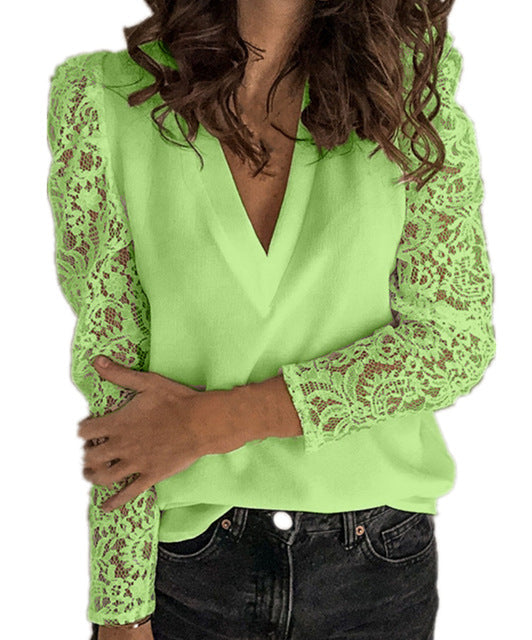 LP | Camicetta estiva in pizzo con scollo a V e maniche lunghe per donna