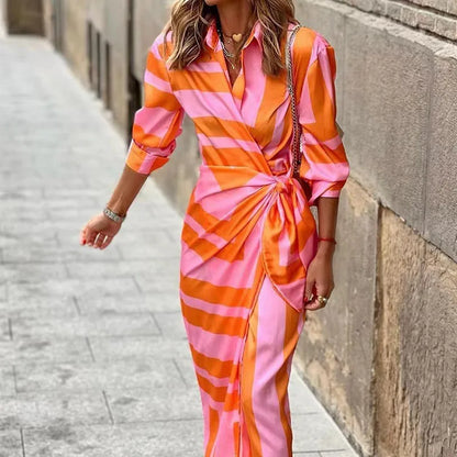 LP | 2024 AliExpress Europeo e americano transfrontaliero nuova moda stampata camicia collare pizzo fino midi abito a righe