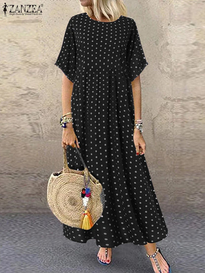 LP | ZANZEA Polka Dot Ladies Midi Dress Bohemian Holiday Short Sleeve O-Neck Long Robe Vintage Loose Casual A-line Vestidos Summer