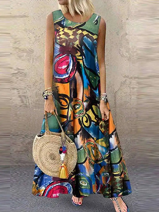 LP | ZANZEA Donna Bohemian Summer Dress Causal Sleeveless Floral Printed Sundress Robe Femme Vintage Kaftan Beach Vestido Sarafans