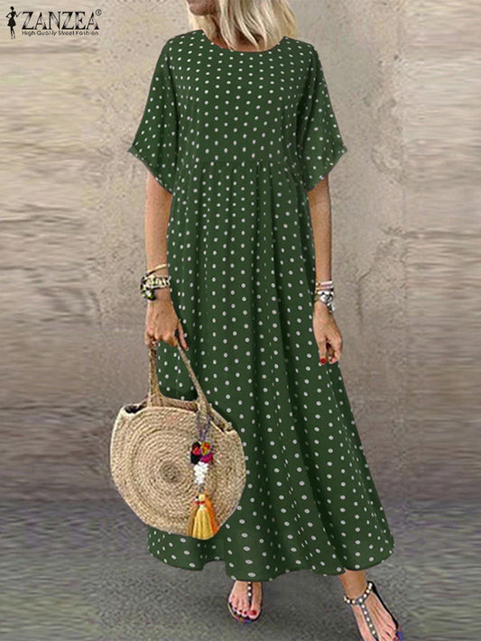 LP | ZANZEA Polka Dot Ladies Midi Dress Bohemian Holiday Short Sleeve O-Neck Long Robe Vintage Loose Casual A-line Vestidos Summer