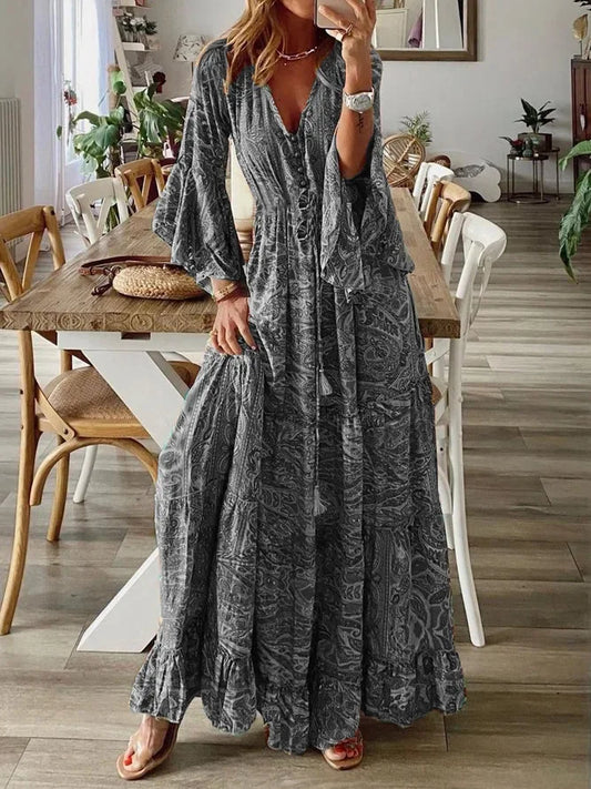 LP | 2023Bordo incrociato stile bohémien maniche svasate stampate scollo a V vita alta abito per le vacanze con abito floreale da donna
