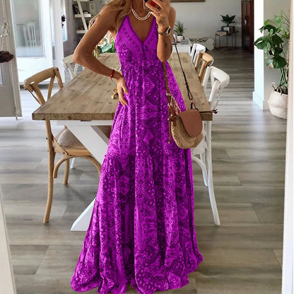 LP | BAMBOOBOY Donne Scollo a V Partito Abiti lunghi Vintage Stampato Bohemien Spiaggia Elegante Senza Maniche Spaghetti Strap Sexy Maxi Sundress