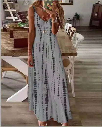 LP | Abiti Maxi Spaghetti Strap Stampati Casual per Donne Scollo a V Backless A-Line Abito Lungo Moda Stile Bohemien Spiaggia Vestidos
