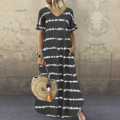 LP | Vestito nuovo estivo Scollo a V Maniche a righe Stampato Vestito lungo Grande Vestito casual