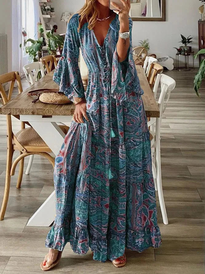 LP | 2023Bordo incrociato stile bohémien maniche svasate stampate scollo a V vita alta abito per le vacanze con abito floreale da donna