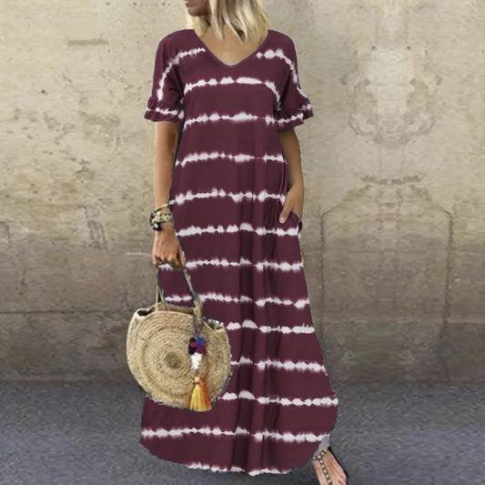 LP | Vestito nuovo estivo Scollo a V Maniche a righe Stampato Vestito lungo Grande Vestito casual