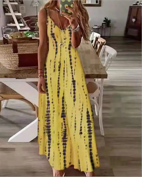 LP | Abiti Maxi Spaghetti Strap Stampati Casual per Donne Scollo a V Backless A-Line Abito Lungo Moda Stile Bohemien Spiaggia Vestidos