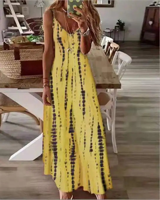 LP | Abiti Maxi Spaghetti Strap Stampati Casual per Donne Scollo a V Backless A-Line Abito Lungo Moda Stile Bohemien Spiaggia Vestidos