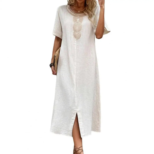 LP | Vintage Donne Vestito Estate Spaccato Orlo O Collo Allentato Retrò Bohemien Dritto Casual Traspirante Abito Midi