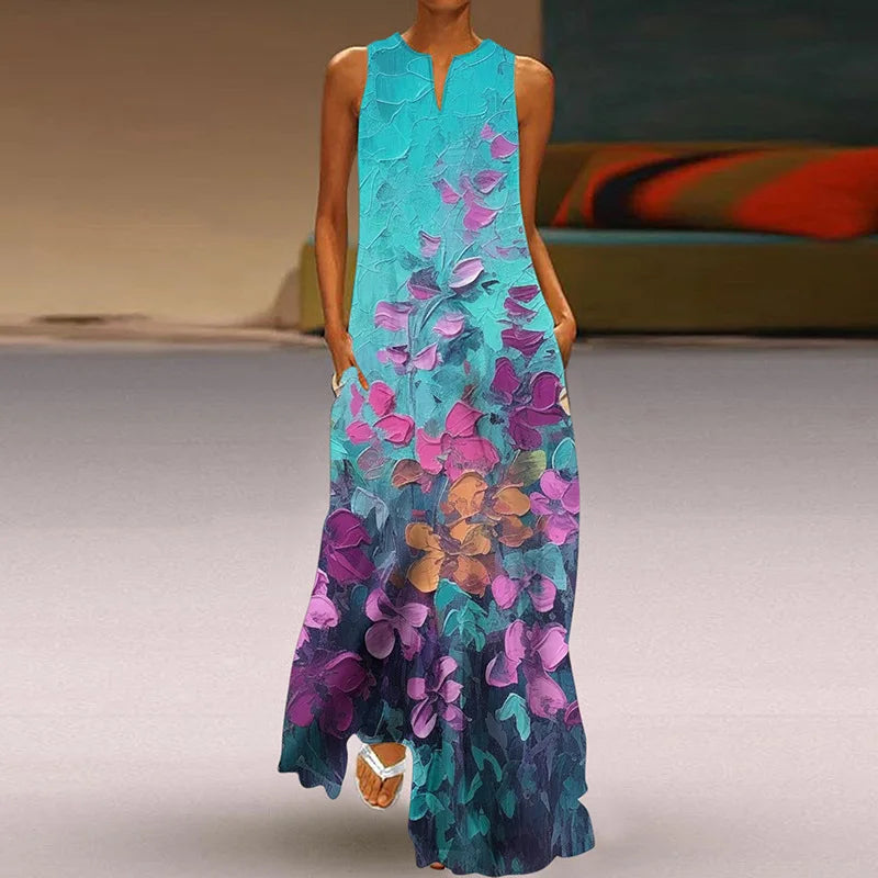 LP | 2025 Estate Nuovo Vintage Fiore Stampato Abiti lunghi Donne Moda Scollo a V Allentato Abito senza maniche Casual Pendolarismo Vestidos Femmina