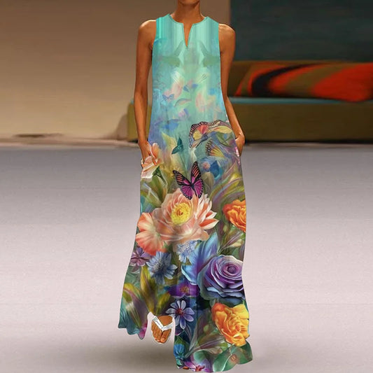 LP | 2025 Estate Nuovo Vintage Fiore Stampato Abiti lunghi Donne Moda Scollo a V Allentato Abito senza maniche Casual Pendolarismo Vestidos Femmina